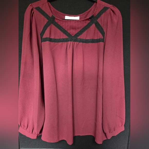 LOFT Tops - Ann Taylor Loft Burgundy Blouse with Black Lace Trim Size Large